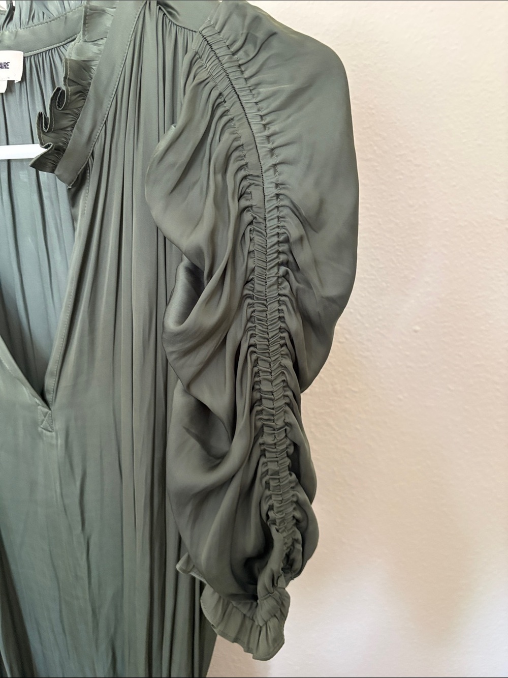 Zadig & Voltaire Sage Green Pleated Maxi Dress with Ruched Sleeves